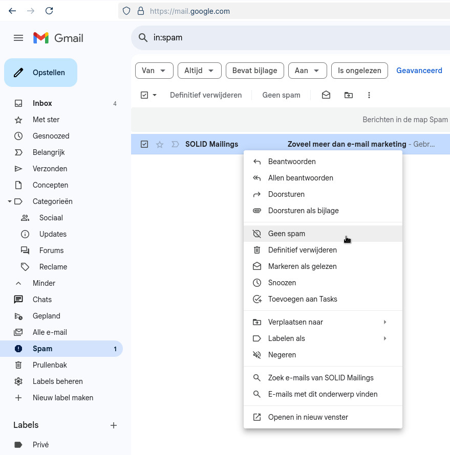 Aangeven dat een e-mail onterecht als spam werd gemarkeerd in Gmail.