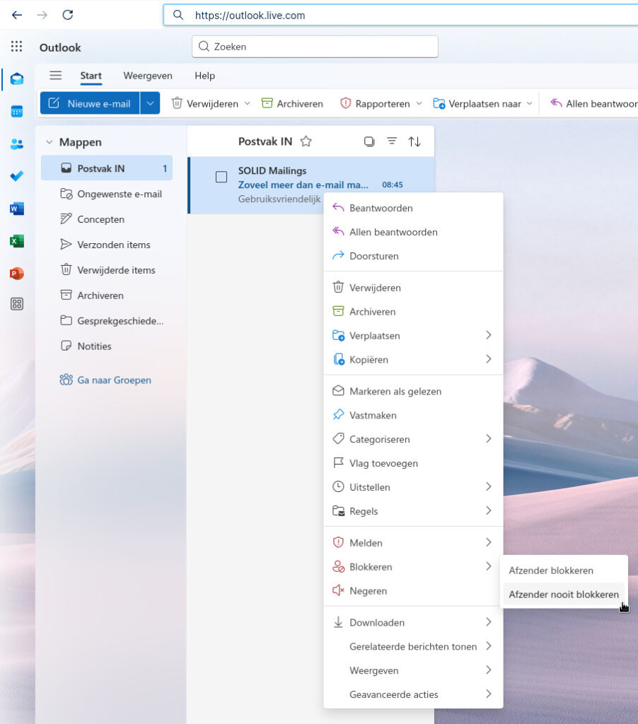 Een afzender nooit blokkeren in Outlook.