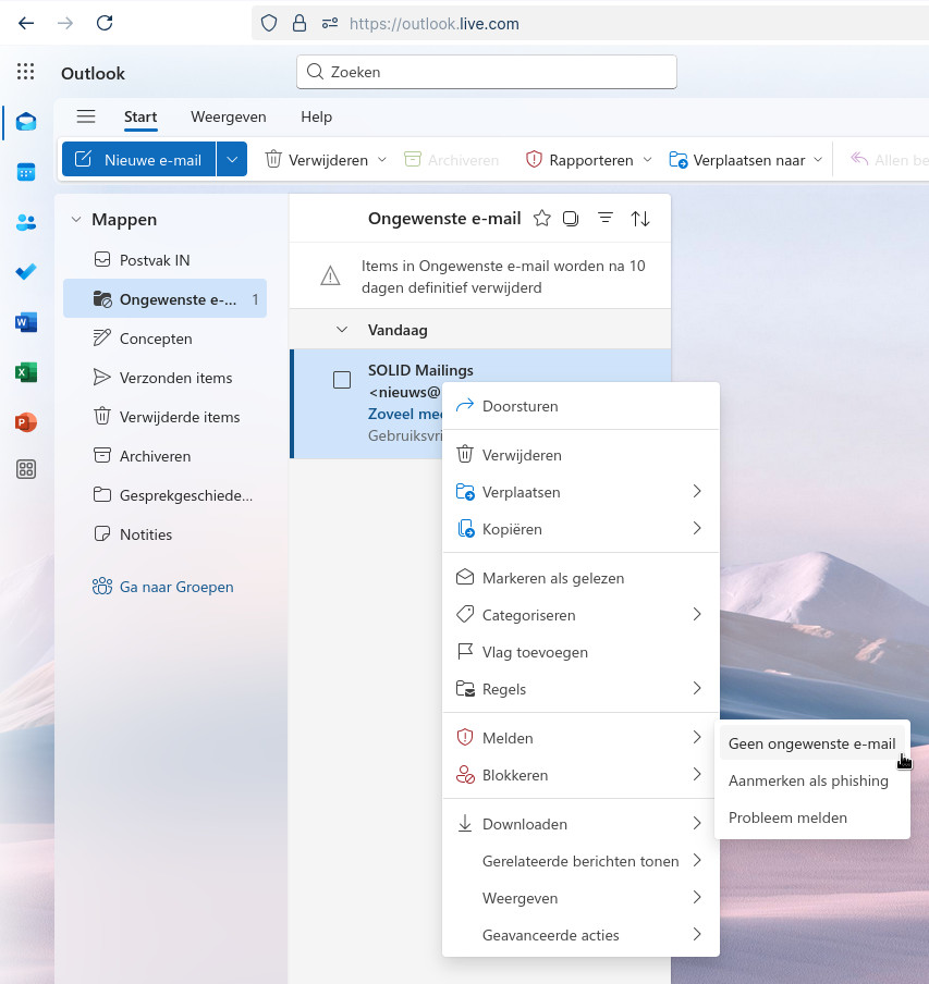 Aangeven dat e-mail onterecht als ongewenst werd gemarkeerd in Outlook.