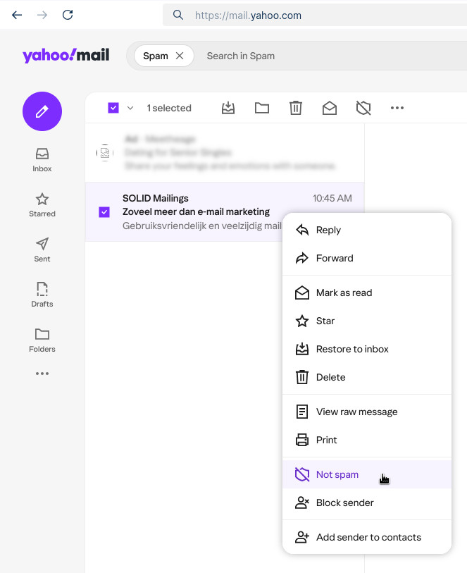 Aangeven dat een e-mail onterecht als spam werd gemarkeerd in Yahoo.