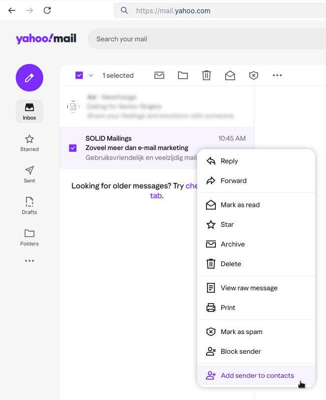 Afzender toevoegen aan adresboek in Yahoo