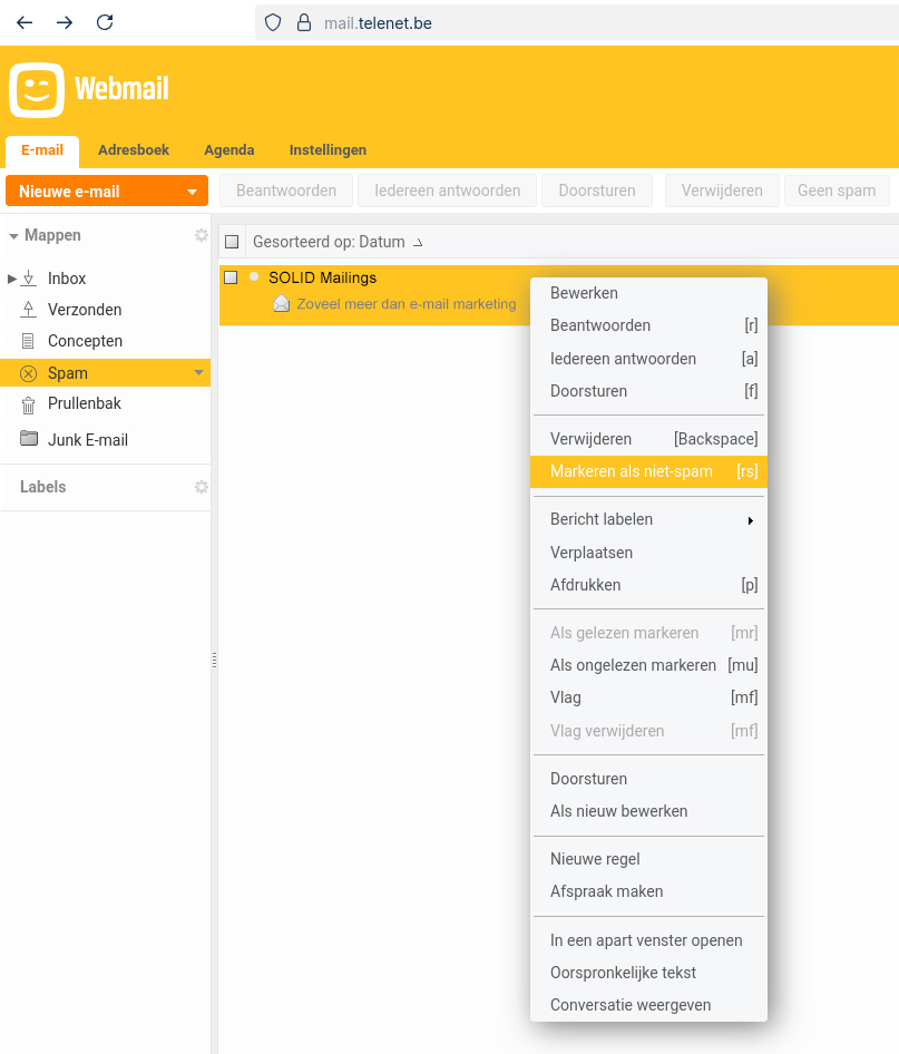 Telenet e-mail markeren als niet-spam